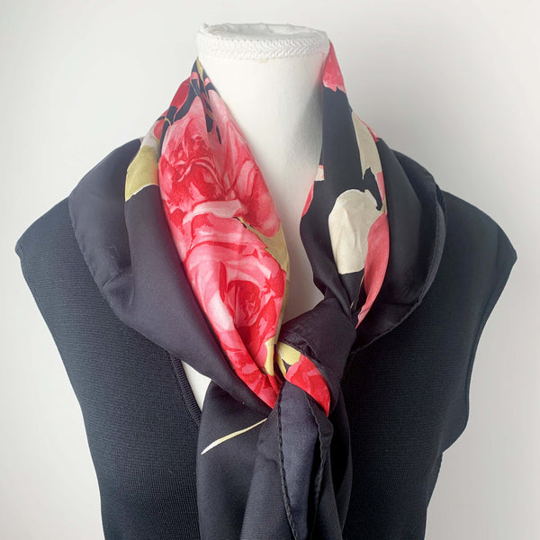 Italian silk rose print square scarf in black