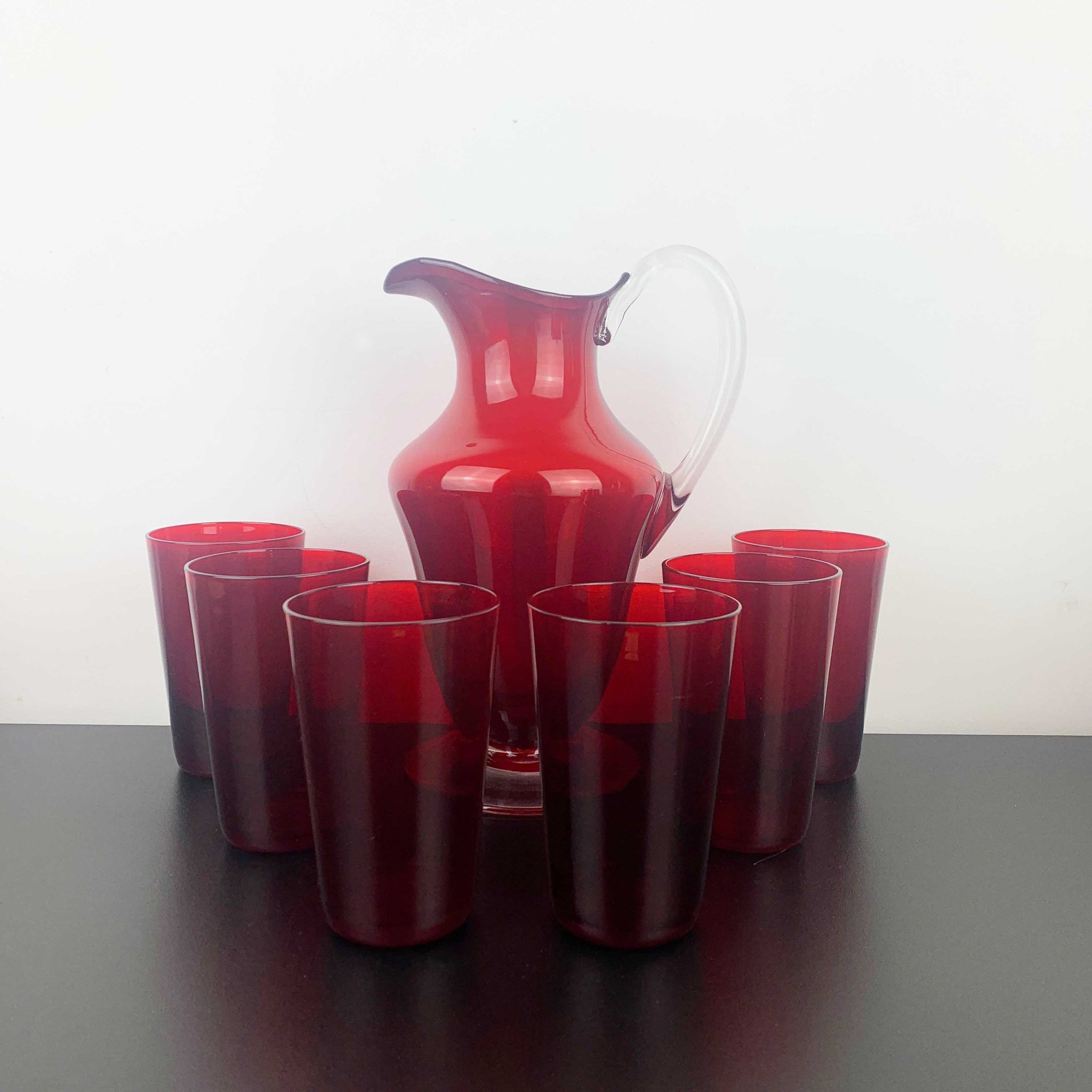 Mid century ruby red glass lemonade and cocktail set