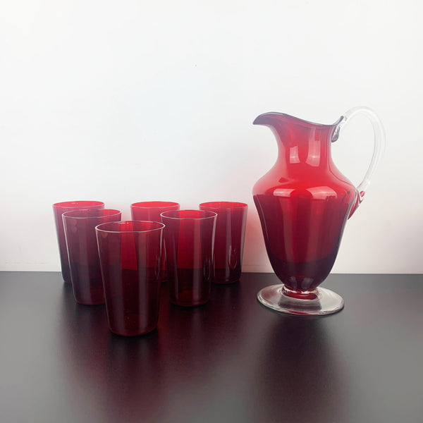 Mid century ruby red glass lemonade and cocktail set