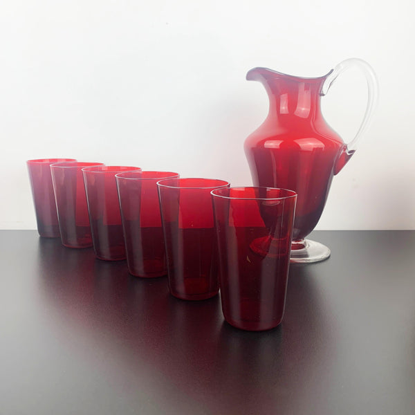 Mid century ruby red glass lemonade and cocktail set