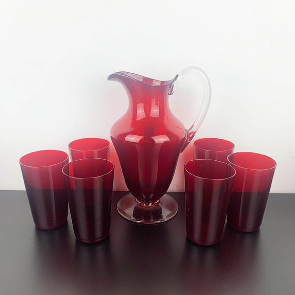Mid century ruby red glass lemonade and cocktail set