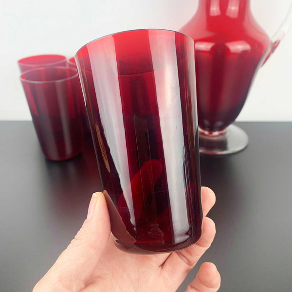 Mid century ruby red glass lemonade and cocktail set