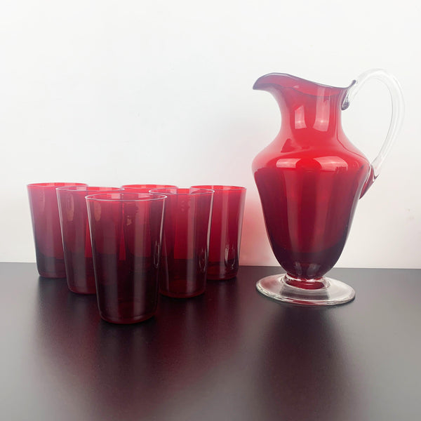 Mid century ruby red glass lemonade and cocktail set