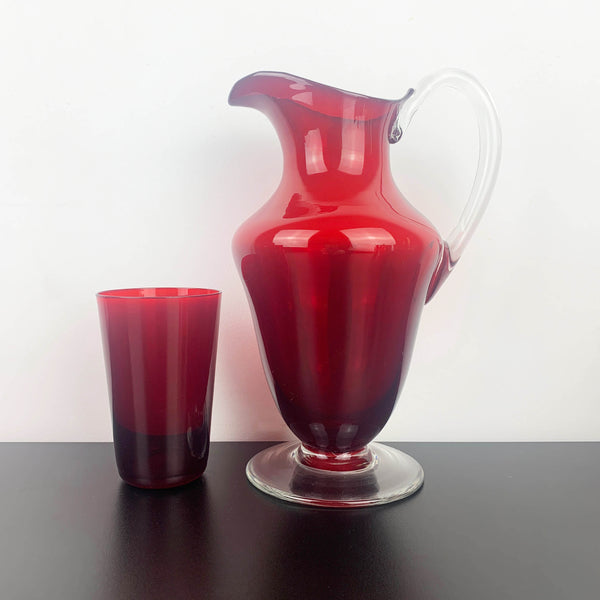 Mid century ruby red glass lemonade and cocktail set