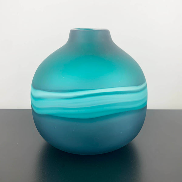 Large Art Glass Bulb Vase in Teal with Band Detail