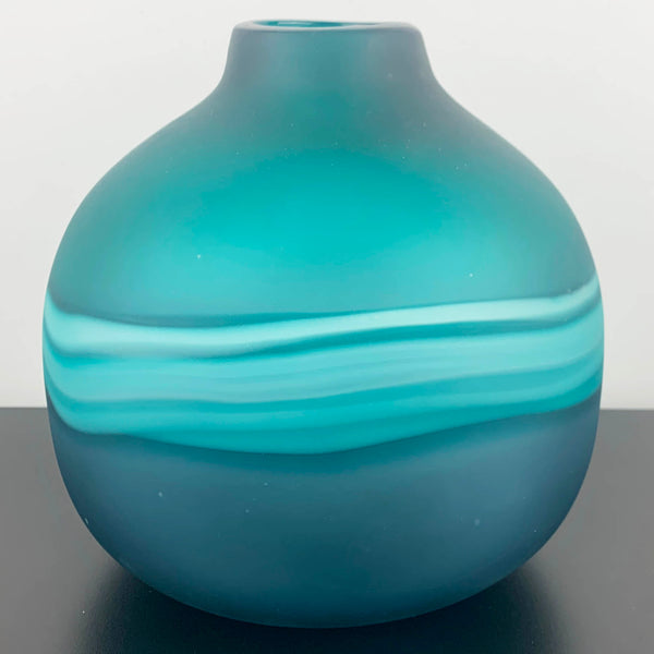 Large Art Glass Bulb Vase in Teal with Band Detail