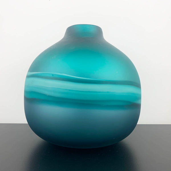 Large Art Glass Bulb Vase in Teal with Band Detail