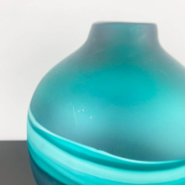Large Art Glass Bulb Vase in Teal with Band Detail