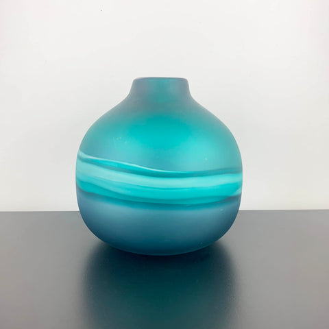 Large Art Glass Bulb Vase in Teal with Band Detail