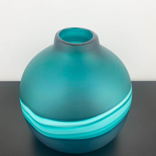 Large Art Glass Bulb Vase in Teal with Band Detail