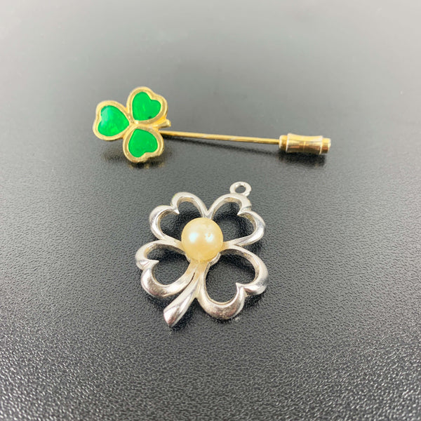 Shamrock jewellery set with stick pin and silver pendant - Set of 2