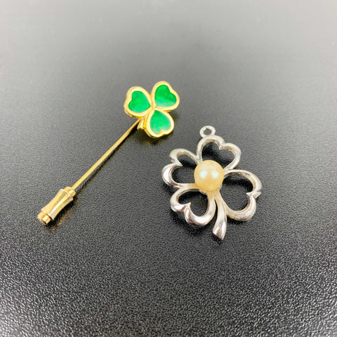 Shamrock jewellery set with stick pin and silver pendant - Set of 2