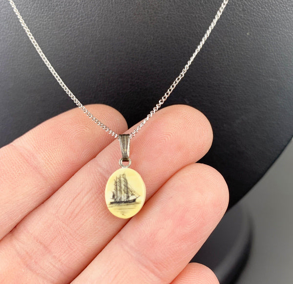 Scrimshaw sailing ship pendant necklace
