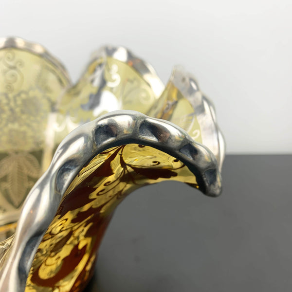 Amber Glass Ruffled Edge Centrepiece Bowl with Silver Overlay