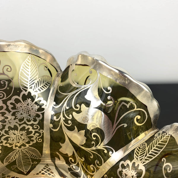 Amber Glass Ruffled Edge Centrepiece Bowl with Silver Overlay