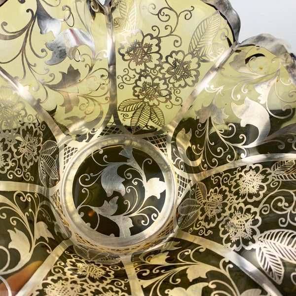 Amber Glass Ruffled Edge Centrepiece Bowl with Silver Overlay