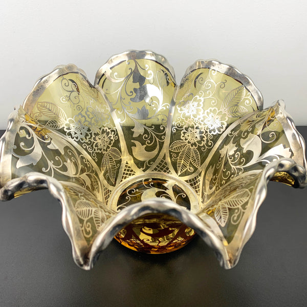 Amber Glass Ruffled Edge Centrepiece Bowl with Silver Overlay