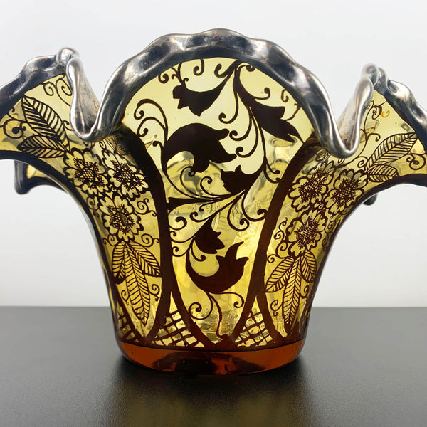 Amber Glass Ruffled Edge Centrepiece Bowl with Silver Overlay