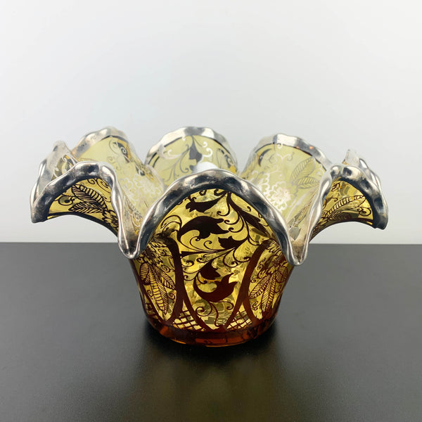 Amber Glass Ruffled Edge Centrepiece Bowl with Silver Overlay