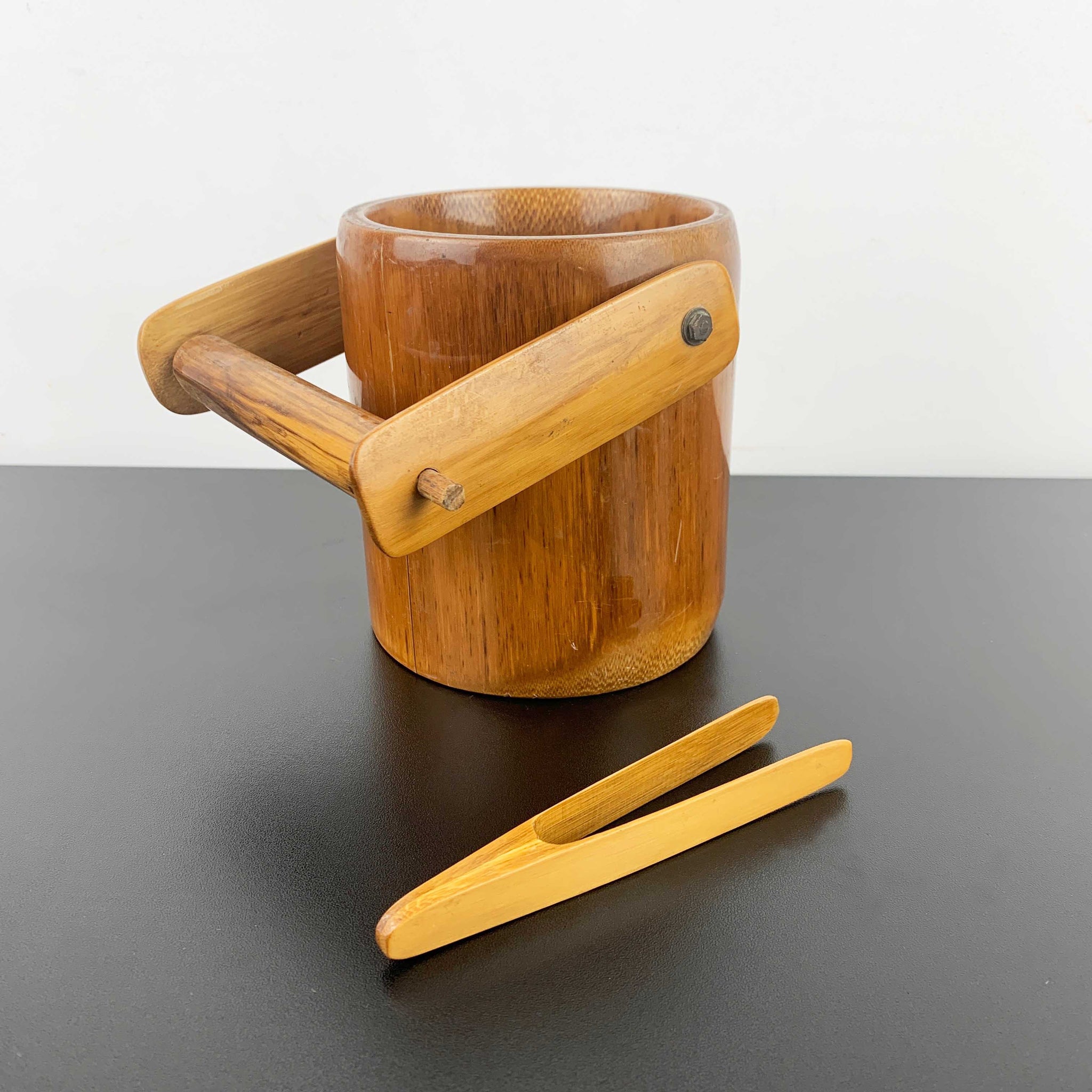 Handcrafted polished timber ice bucket with tongs