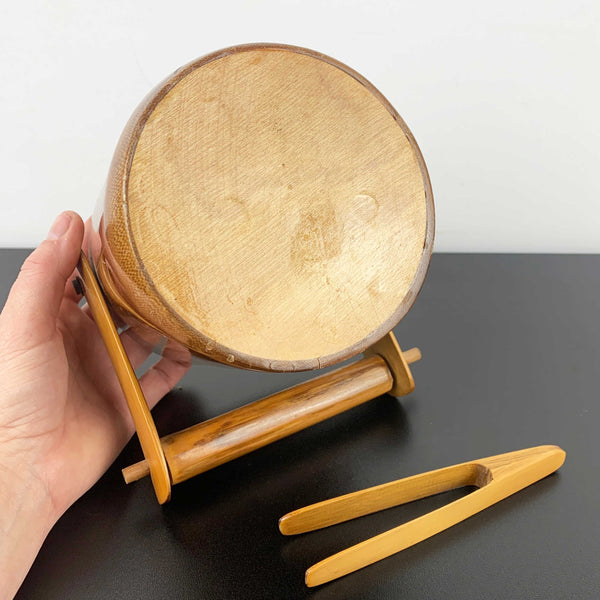 Handcrafted polished timber ice bucket with tongs