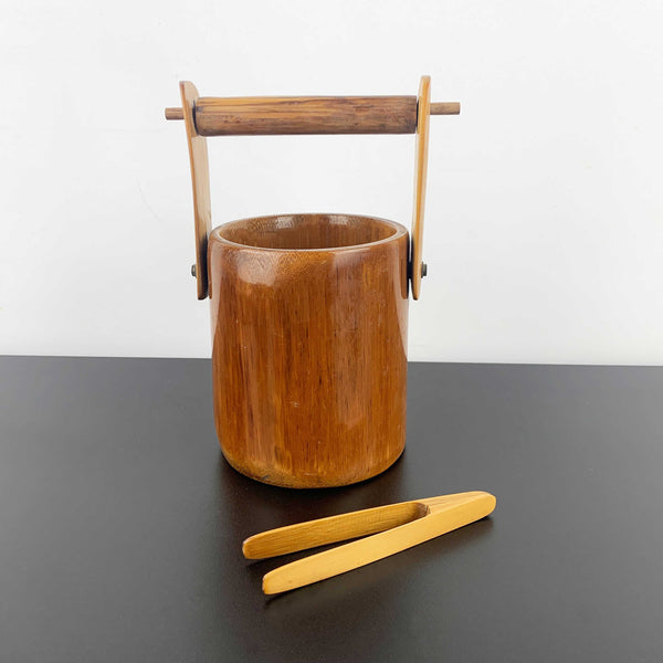 Handcrafted polished timber ice bucket with tongs