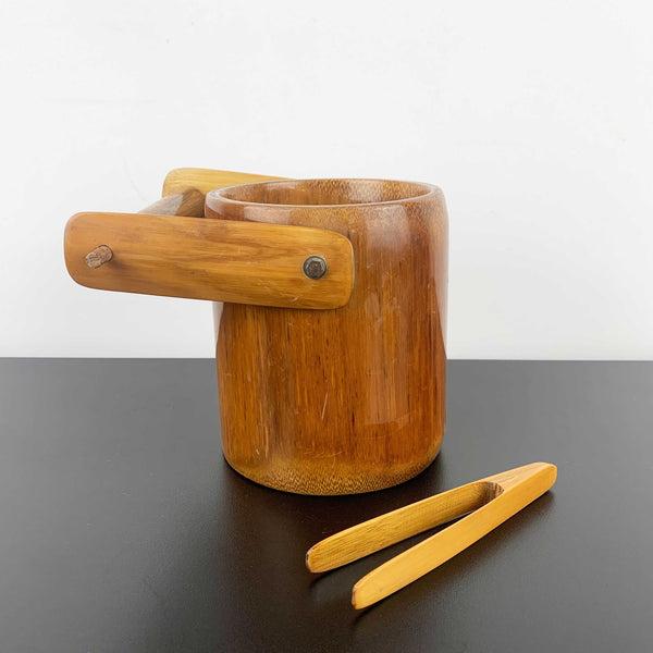 Handcrafted polished timber ice bucket with tongs
