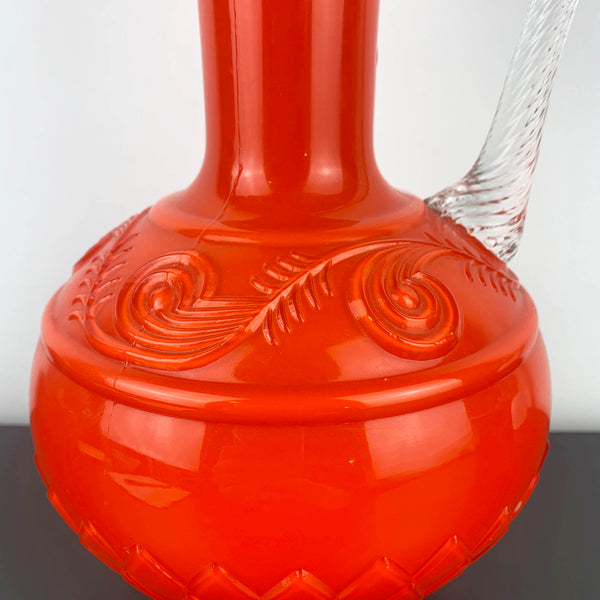 Stelvia Glass Empoli Orange Pitcher with Twist Handle and Swirl Pattern Detail