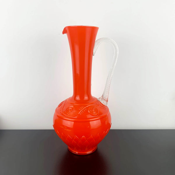 Stelvia Glass Empoli Orange Pitcher with Twist Handle and Swirl Pattern Detail