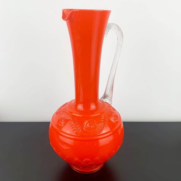 Stelvia Glass Empoli Orange Pitcher with Twist Handle and Swirl Pattern Detail