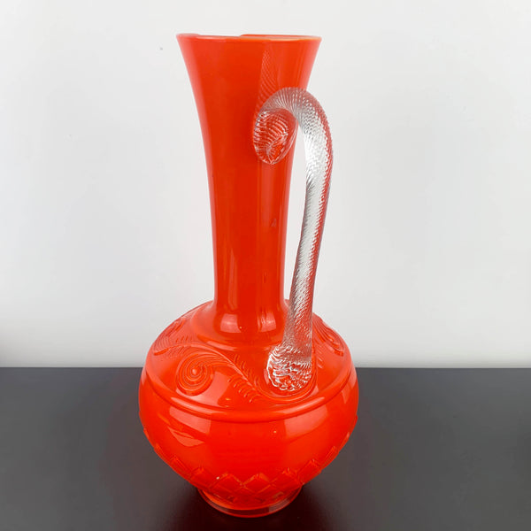 Stelvia Glass Empoli Orange Pitcher with Twist Handle and Swirl Pattern Detail