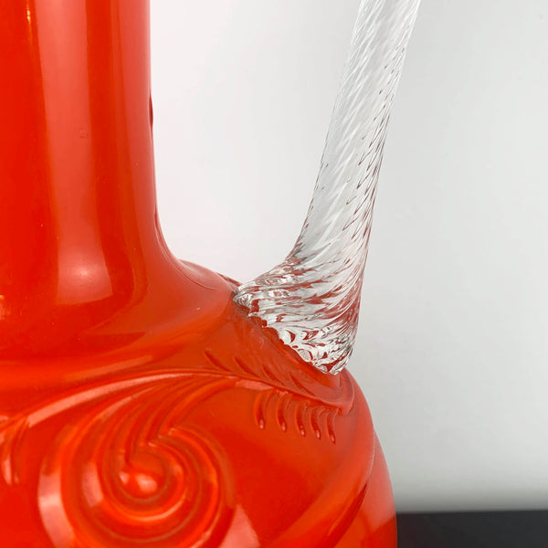 Stelvia Glass Empoli Orange Pitcher with Twist Handle and Swirl Pattern Detail