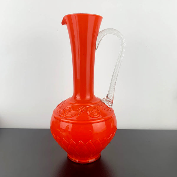 Stelvia Glass Empoli Orange Pitcher with Twist Handle and Swirl Pattern Detail