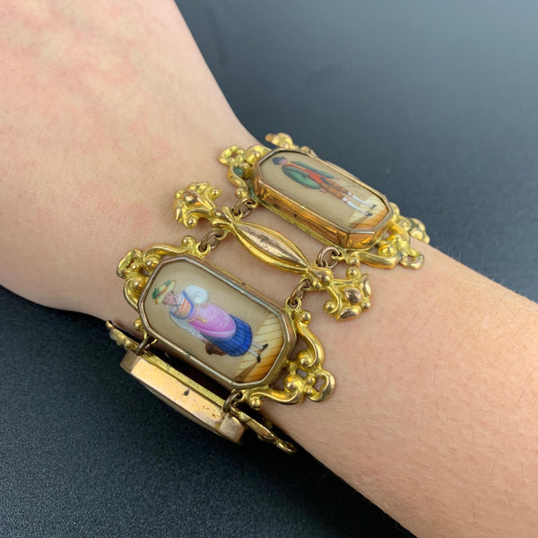 Georgian Pinchbeck Swiss Canton bracelet with porcelain enamel plaques
