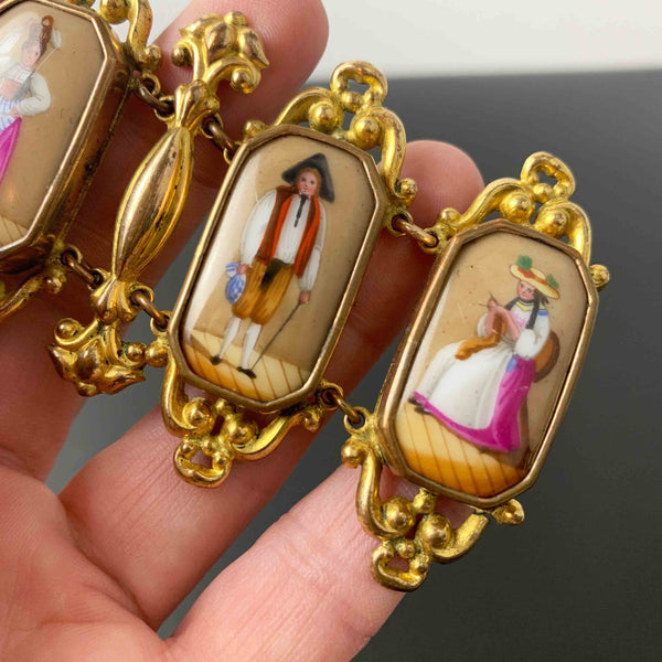 Georgian Pinchbeck Swiss Canton bracelet with porcelain enamel plaques