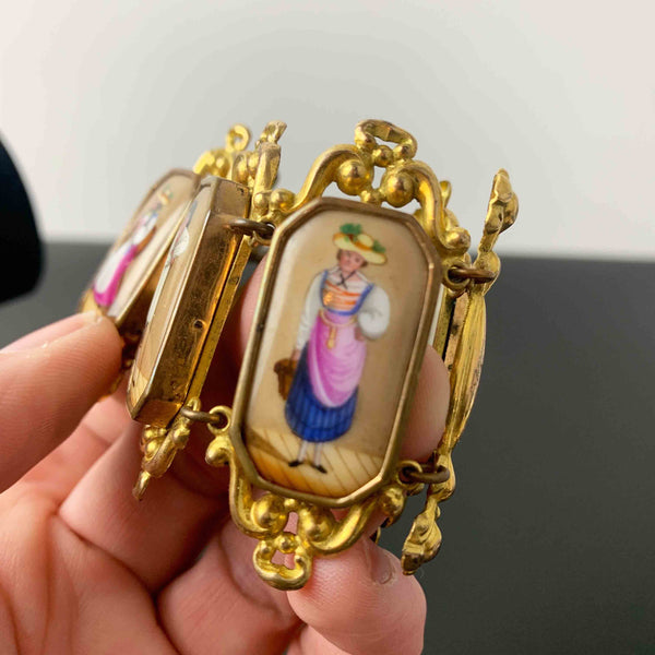 Georgian Pinchbeck Swiss Canton bracelet with porcelain enamel plaques