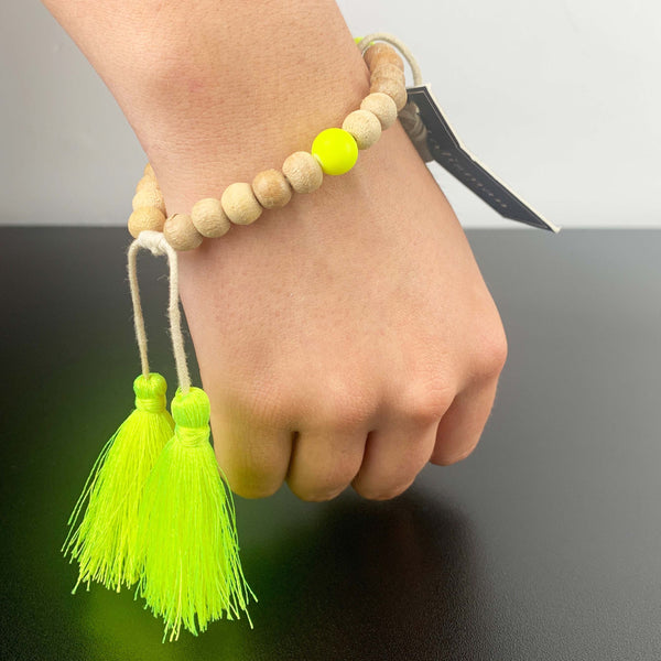 Talisman natural wood beads and neon yellow adjustable tassel bracelet