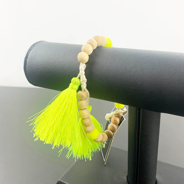 Talisman natural wood beads and neon yellow adjustable tassel bracelet