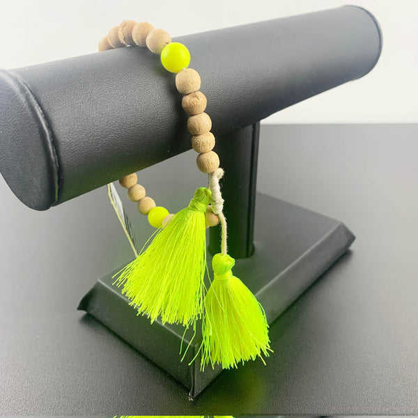 Talisman natural wood beads and neon yellow adjustable tassel bracelet