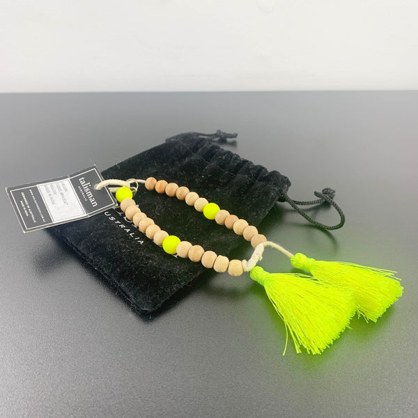Talisman natural wood beads and neon yellow adjustable tassel bracelet