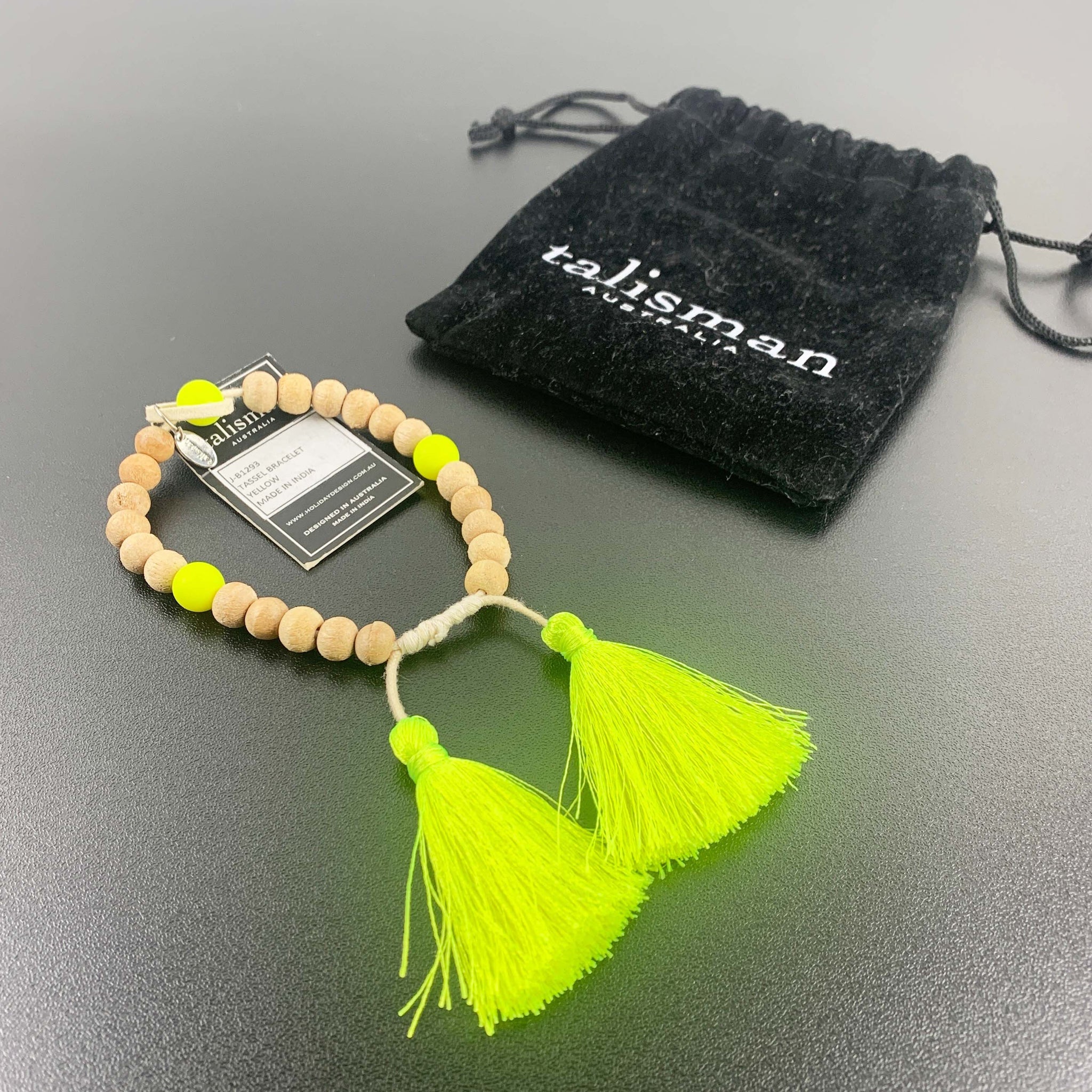 Talisman natural wood beads and neon yellow adjustable tassel bracelet