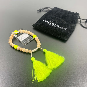 Talisman natural wood beads and neon yellow adjustable tassel bracelet