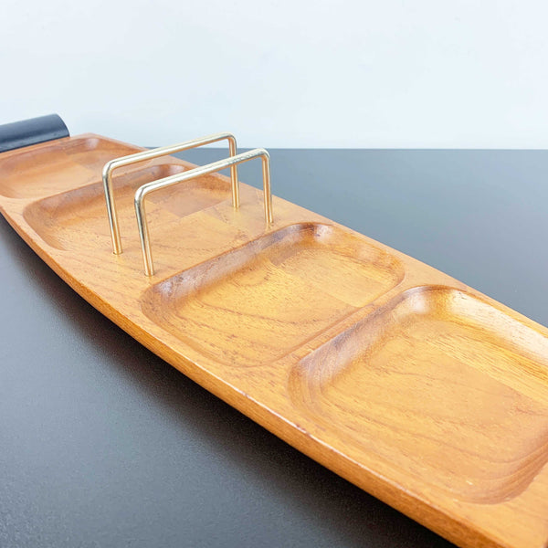 Teak mens valet or sectioned desk accessory