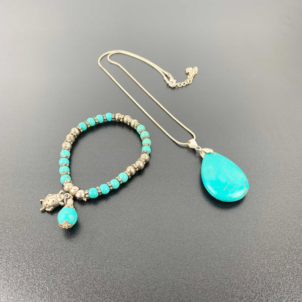 Turquoise beaded bracelet and teardrop pendant necklace - Set of 2