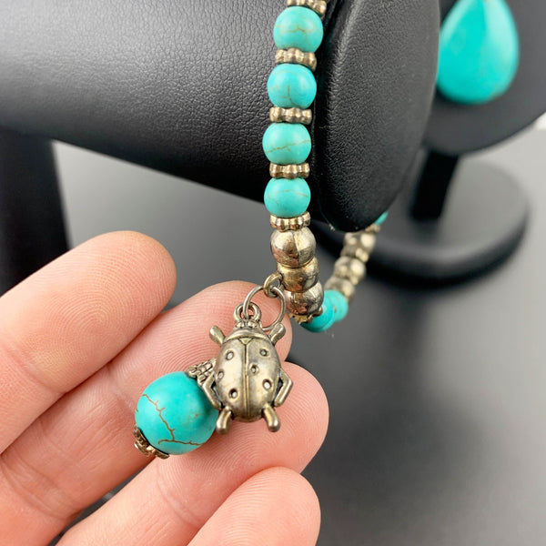 Turquoise beaded bracelet and teardrop pendant necklace - Set of 2