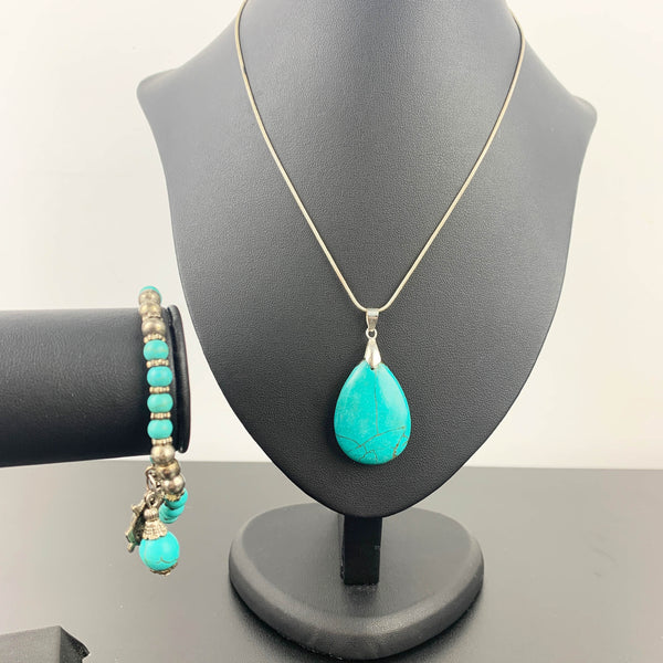 Turquoise beaded bracelet and teardrop pendant necklace - Set of 2
