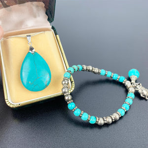 Turquoise beaded bracelet and teardrop pendant necklace - Set of 2