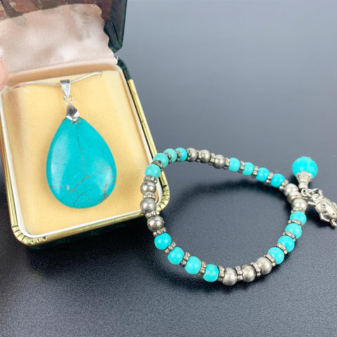 Turquoise beaded bracelet and teardrop pendant necklace - Set of 2