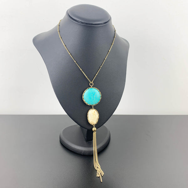 Vintage turquoise and cream stone long tassel necklace