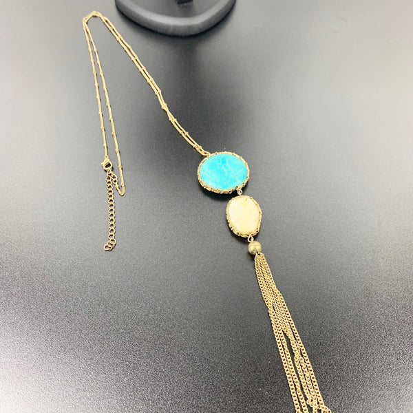 Vintage turquoise and cream stone long tassel necklace